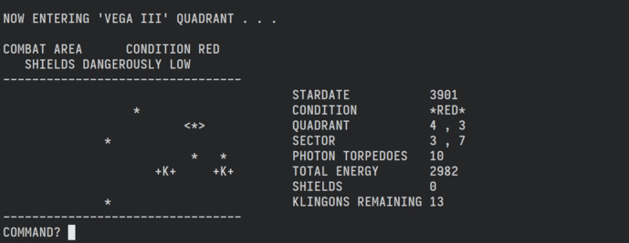 The quadrant grid shows two enemy ships - Super Star Trek 1978
