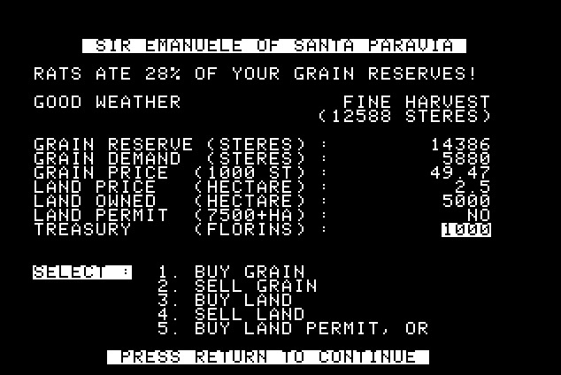 Grain reserve management on the Apple II version