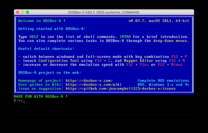 The starting screen of DOSBox-X